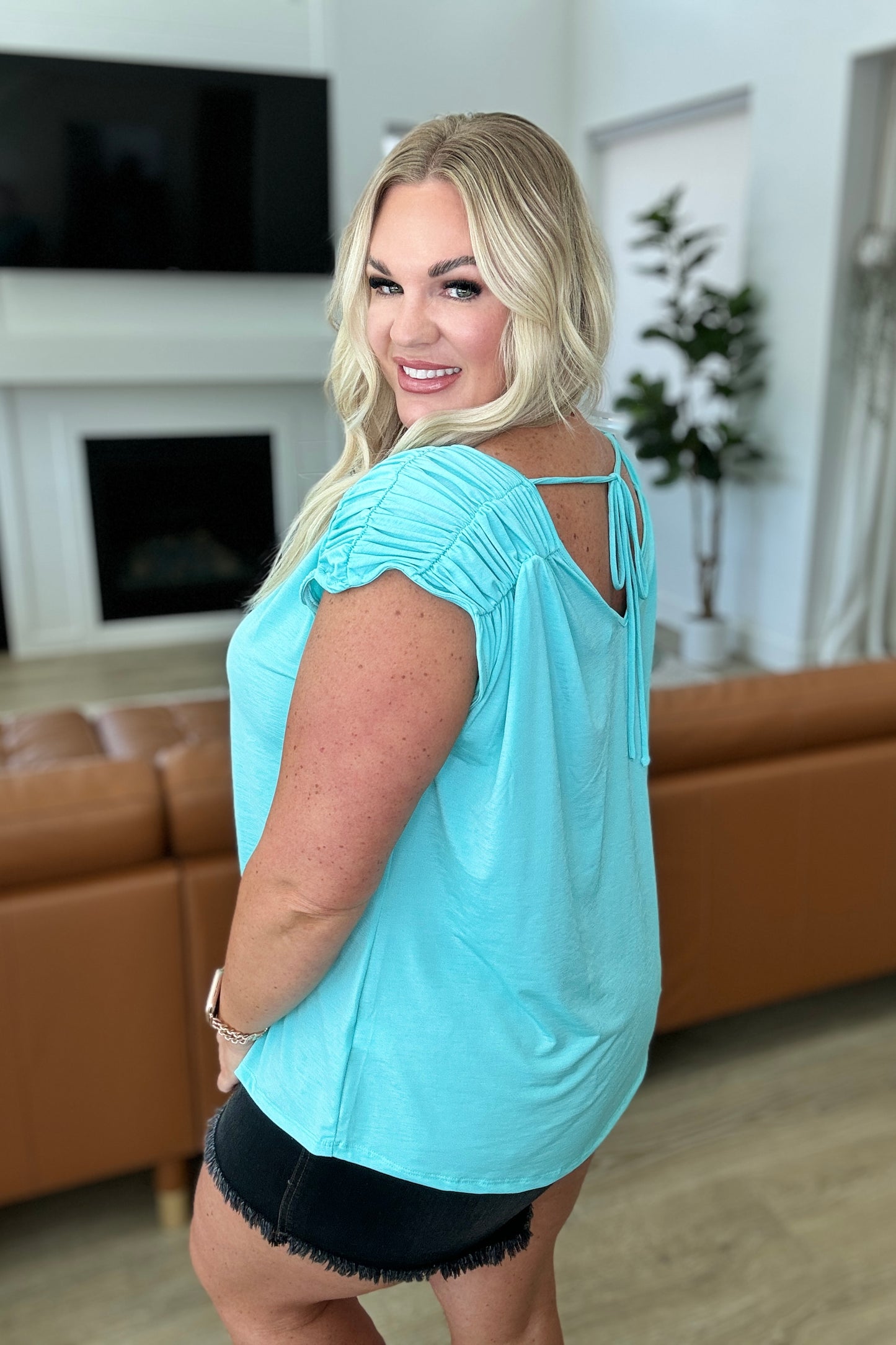 Ruched Cap Sleeve Top in Neon Blue