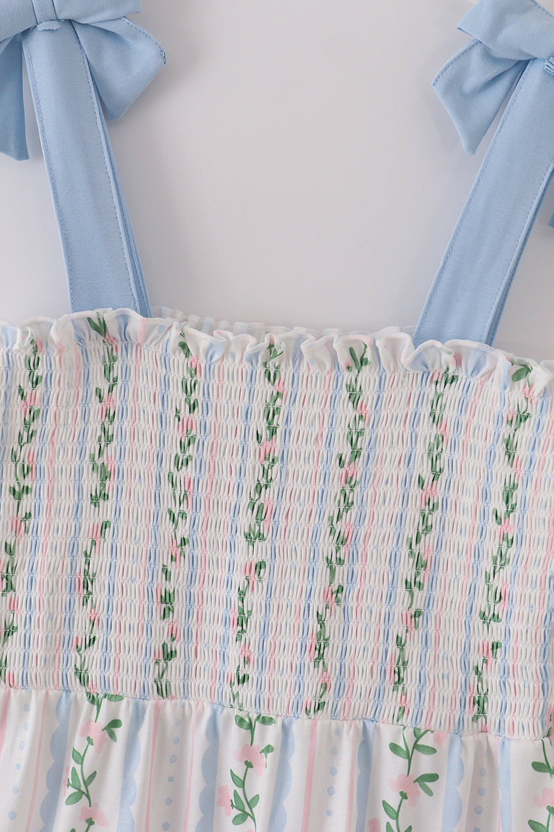 Blue Floral Print Smocked Mom Dress - Essential Southern Charm