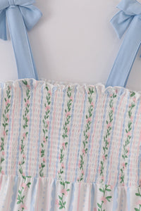 Blue Floral Print Smocked Mom Dress - Essential Southern Charm
