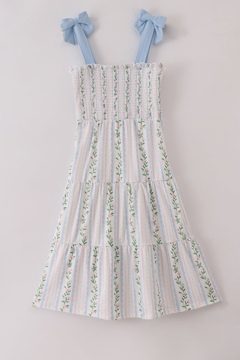 Blue Floral Print Smocked Mom Dress - Essential Southern Charm