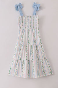 Blue Floral Print Smocked Mom Dress - Essential Southern Charm