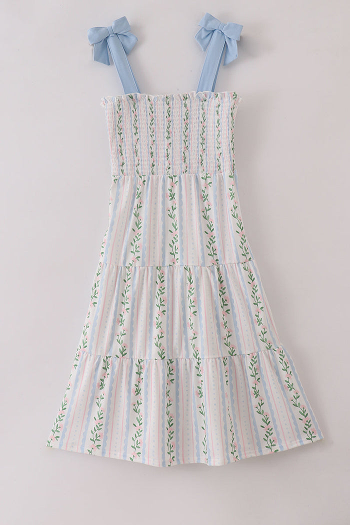 Blue Floral Print Smocked Mom Dress - Essential Southern Charm