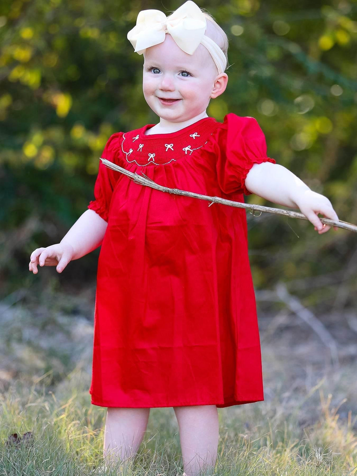 Girls Bow Smocking Embroidered Red Dress - Essential Southern Charm