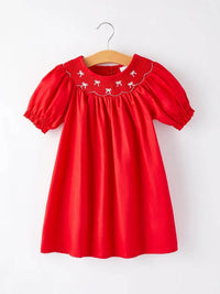 Girls Bow Smocking Embroidered Red Dress - Essential Southern Charm