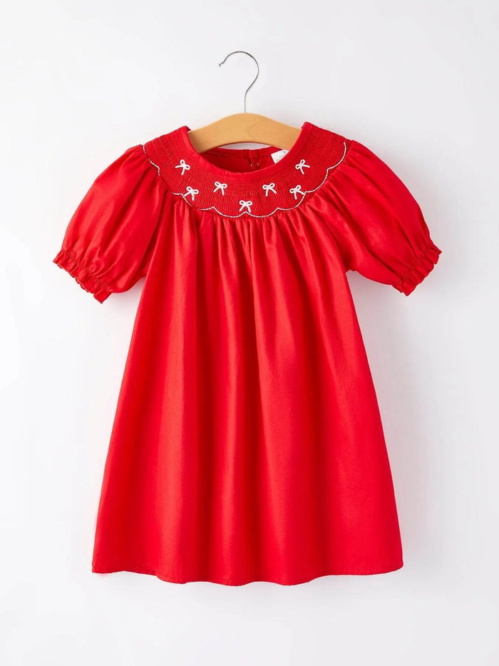 Girls Bow Smocking Embroidered Red Dress - Essential Southern Charm