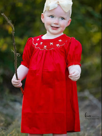 Girls Bow Smocking Embroidered Red Dress - Essential Southern Charm
