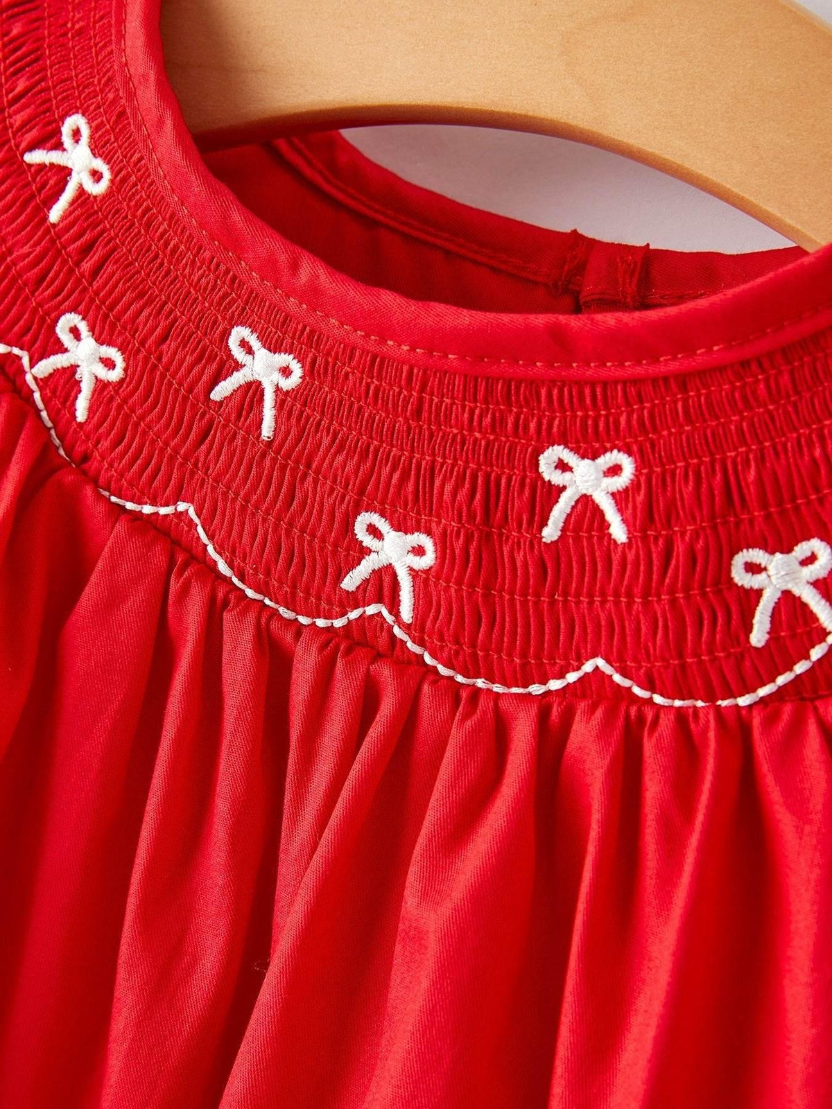 Girls Bow Smocking Embroidered Red Dress - Essential Southern Charm