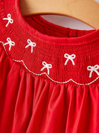 Girls Bow Smocking Embroidered Red Dress - Essential Southern Charm
