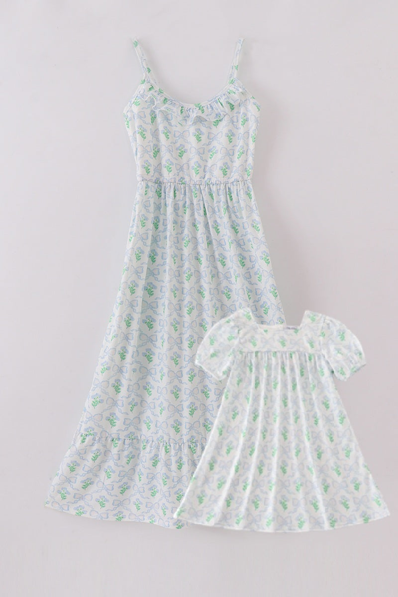 Green Leaves Bow Print Mom&Me Dress - Essential Southern Charm