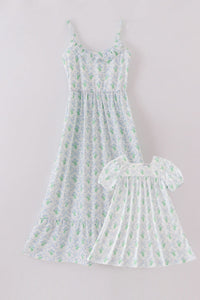 Green Leaves Bow Print Mom&Me Dress - Essential Southern Charm