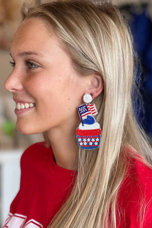 USA Cupcake/Flag Seed Beaded Earrings